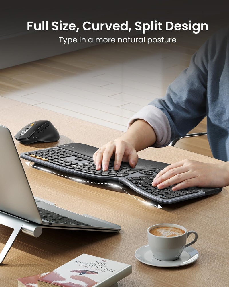 ProtoArc Ergonomic Keyboard Mouse, EKM01 Plus Full Size Wireless Bluetooth Ergo Keyboard Mouse Combo, Cushioned Palm Rest, Split Design, Rechargeable, Compatible for Windows, Mac OS - Gray and Black - Image 2